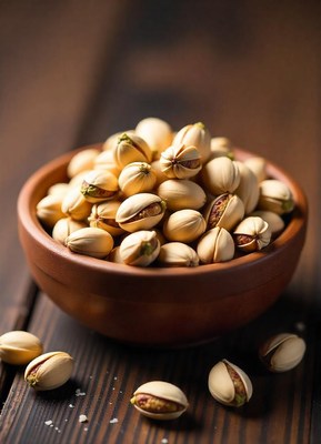 A bowl of pistachios on a wooden table
