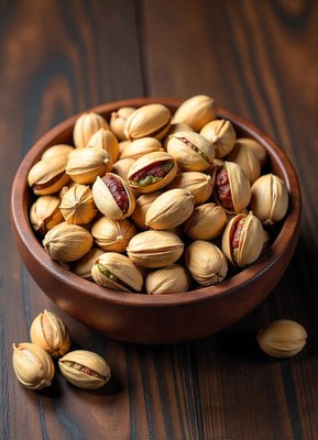 A bowl of pistachios on a wooden table