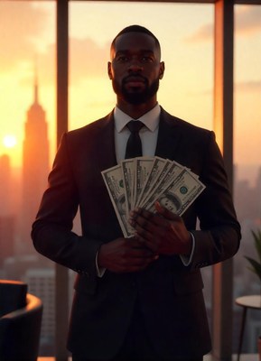 Man in suit holds cash before sunset city skyline