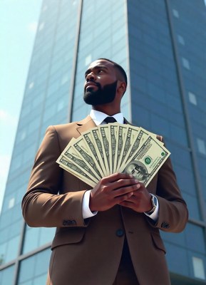 A man in a suit holds cash in front of a skyscraper