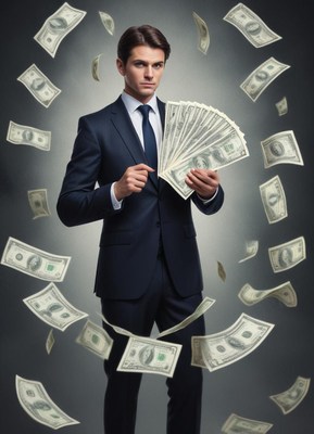 A businessman stands in a room with money falling around him