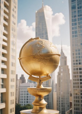 A golden globe sits atop a building in a city