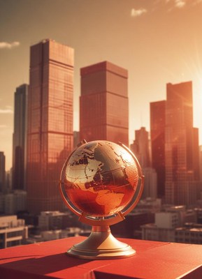 A gold globe rests on a red surface