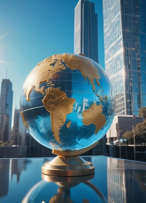 Glass globe on reflective surface near tall buildings