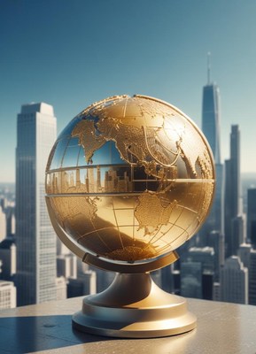 A gold globe sits on a rooftop overlooking a city skyline