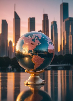 A globe sits in front of a city skyline at sunset