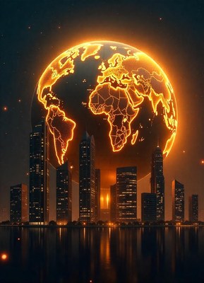 A glowing earth hangs over a modern city at night