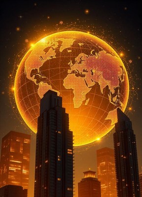 A glowing earth hangs above a city skyline at night