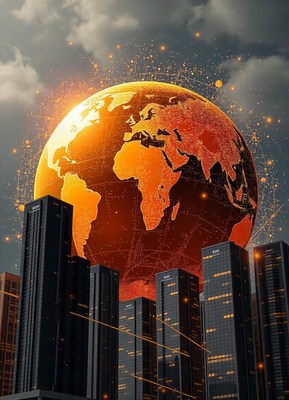 A glowing earth rises above a city skyline