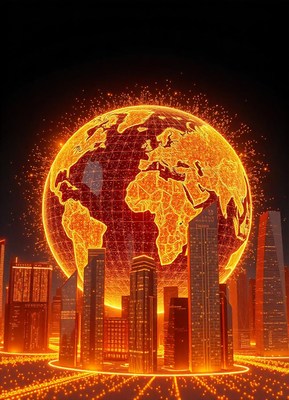 A glowing earth hangs over a futuristic city