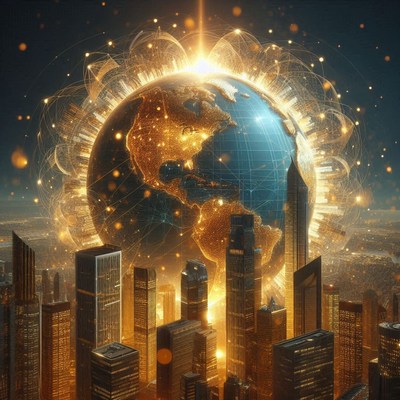 A glowing earth hovers over a futuristic cityscape