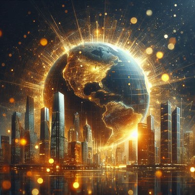 A glowing earth rises above a modern city skyline