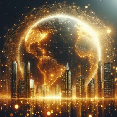 A glowing earth hovers over a futuristic city skyline