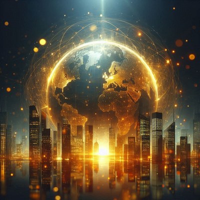 A glowing earth hovers above a futuristic city