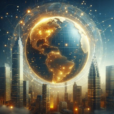 A glowing earth hovers over a futuristic city