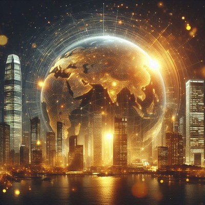 A glowing earth rises above a cityscape at night