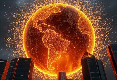 Brightly lit earth above a city skyline