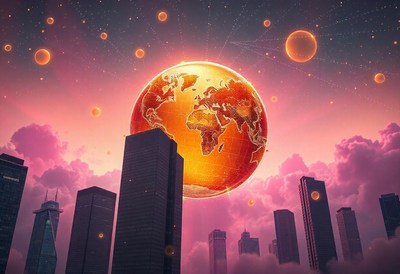 A glowing earth hangs above skyscrapers in a pink sky