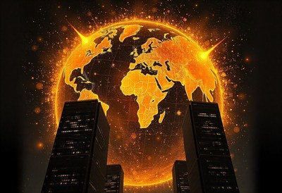 Servers stand tall before a glowing earth