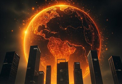 A fiery earth looms over a city skyline