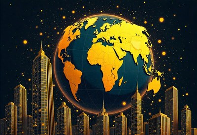 A golden globe sits over a city skyline at night