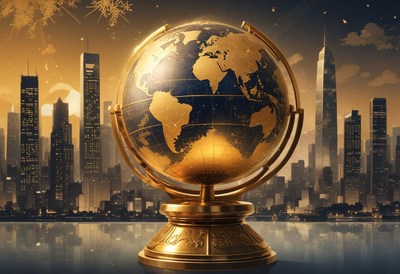 A golden globe sits in front of a city skyline at dusk