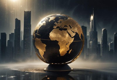 A golden globe sits in front of a cityscape