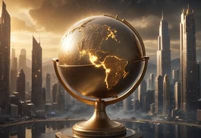 A golden globe sits atop a futuristic cityscape