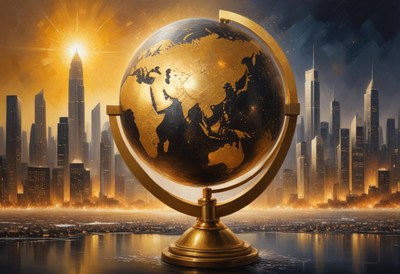 A golden globe sits in front of a modern city skyline