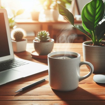 A mug of coffee steams on a wooden desk
