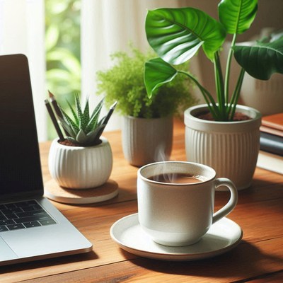 Coffee on a desk with plants around it