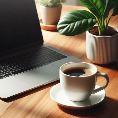 A cup of coffee sits on a desk next to a laptop