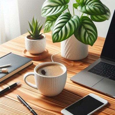 Coffee on a desk with a laptop, phone, and plants