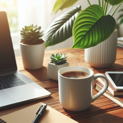 Coffee mug on a desk by a laptop and plants