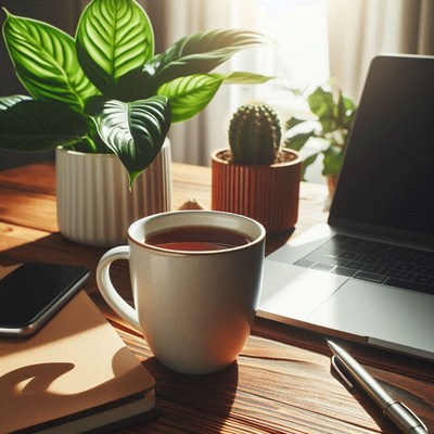 A cup of tea on a desk with a laptop and plants