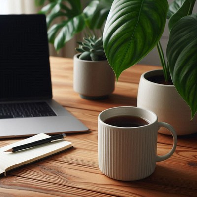 Coffee mug on desk beside laptop and plants