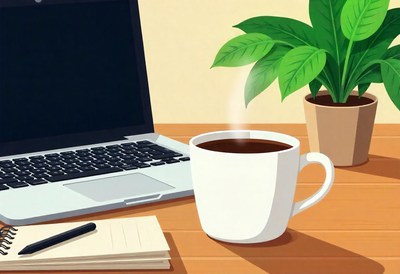 Hot coffee next to a laptop and notebook