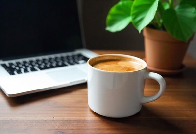 A cup of coffee sits on a wooden desk next to a laptop