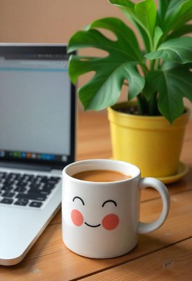 Coffee mug on a desk with laptop and plant