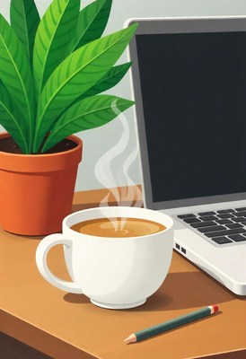 A cup of coffee steams on a desk with a laptop and pencil