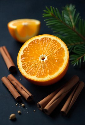 A sliced orange with cinnamon sticks and a pine branch