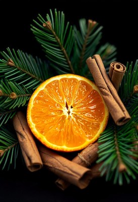 A fresh orange slice with cinnamon sticks and pine needles