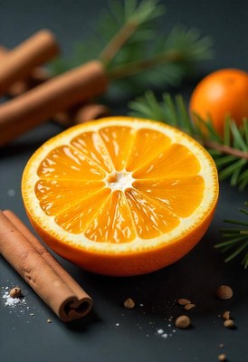 Orange slice, cinnamon sticks, and evergreen on dark