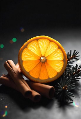 Orange slice, cinnamon sticks, pine on dark