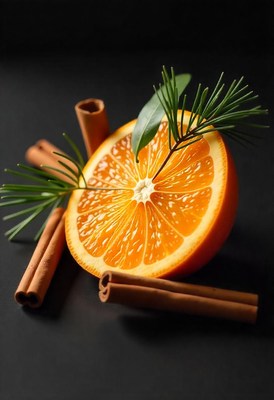 An orange slice with cinnamon sticks and a sprig of greenery