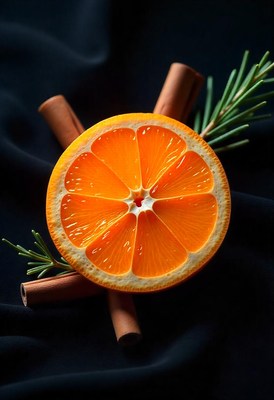 A bright orange slice sits atop cinnamon sticks