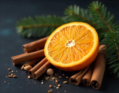 An orange slice with cinnamon sticks and pine needles