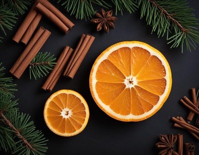 Orange slices and cinnamon sticks on a black background