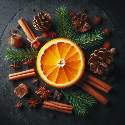 Orange slice, cinnamon sticks, and pine on dark