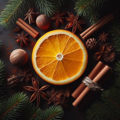 Orange slice with cinnamon, star anise, and pine